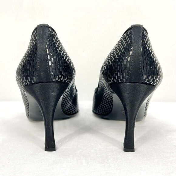 St. John Black Satin Paillettes Made in Italy Pointed Toe Narrow Heel Pumps 7B - Picture 11 of 13